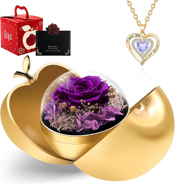 Preserved Roses Forever Flowers Mother's Day Heart Necklace Gifts for Birthday Mom Her Wife Girlfriend Grandma on Valentines Christmas Anniversary Romantic-Purple