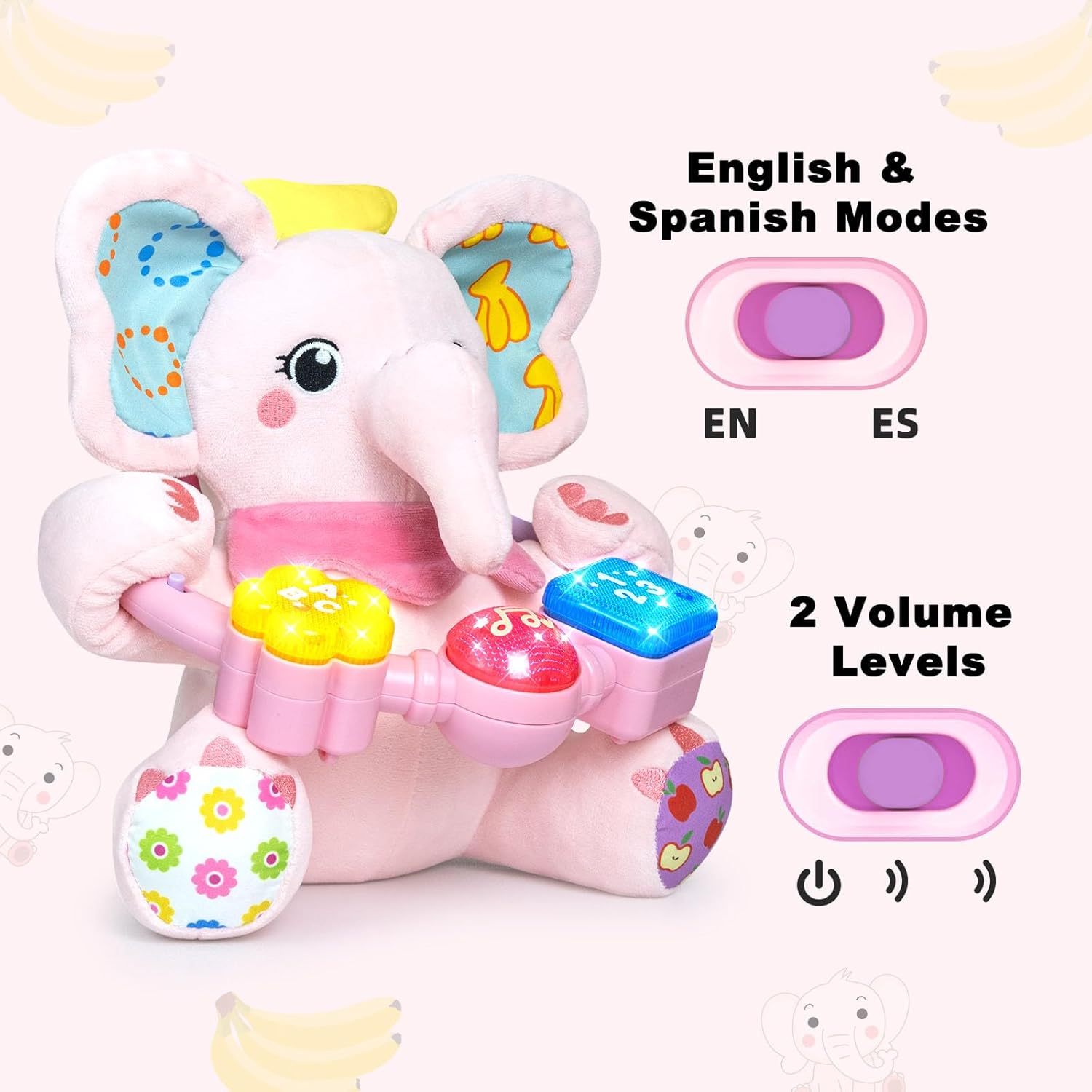 Ryotagift Baby Bilingual Musical Elephant Stuffed Animals Toys, Infant Early Learning Toy with Light-Up Music & Crinkle, Tummy Time Toys for 0 3 6 9 12+ Months for Baby Boy Girl Gift, Pink