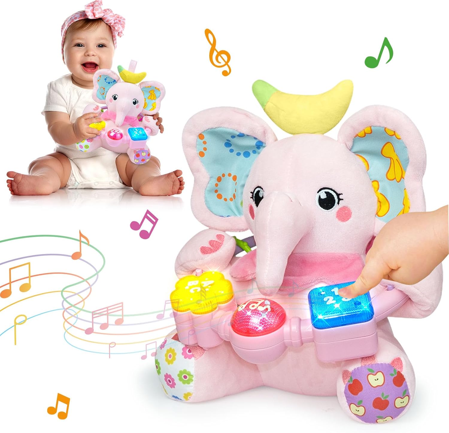 Ryotagift Baby Bilingual Musical Elephant Stuffed Animals Toys, Infant Early Learning Toy with Light-Up Music & Crinkle, Tummy Time Toys for 0 3 6 9 12+ Months for Baby Boy Girl Gift, Pink