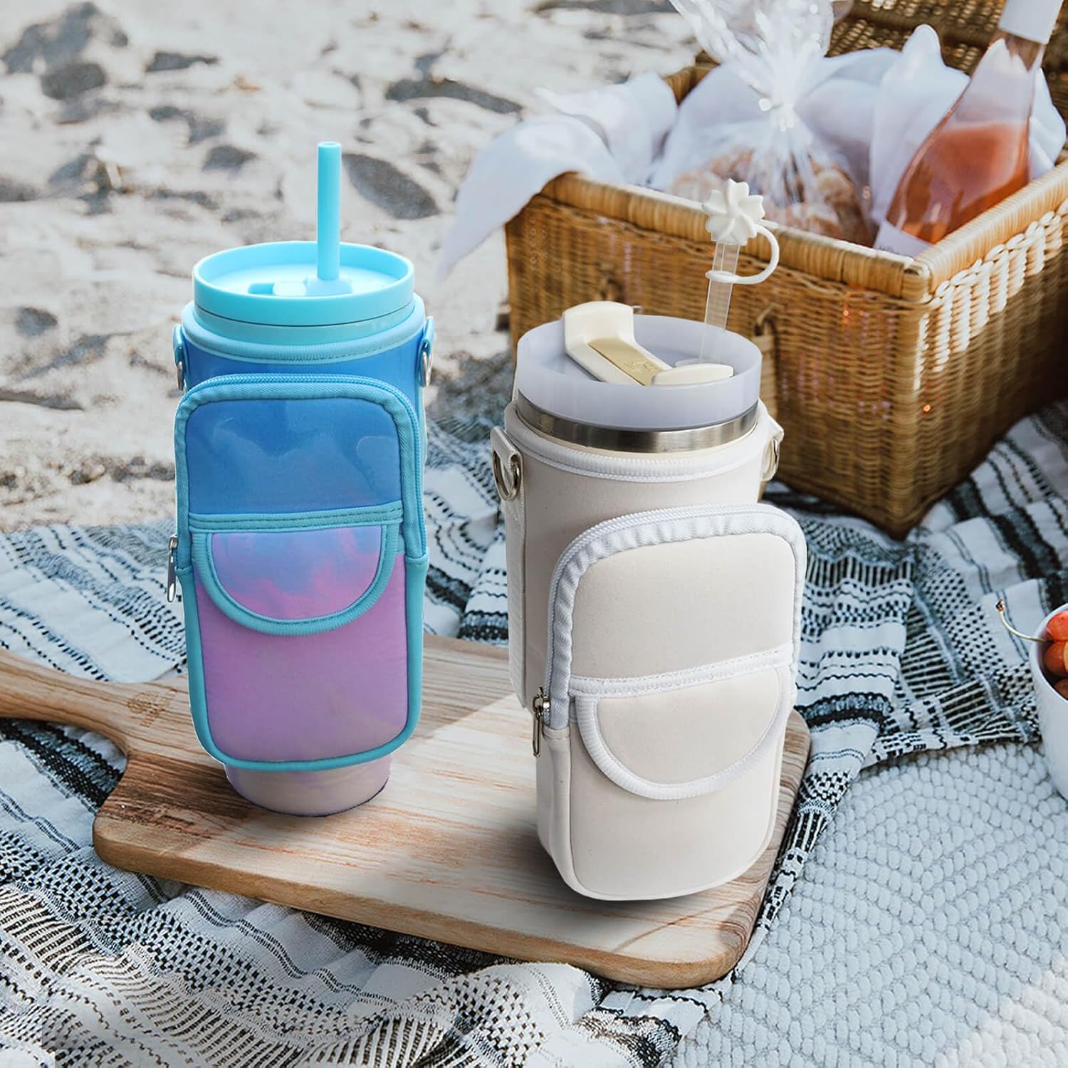 Water Bottle Holder with Strap for Stanley 30/40 oz Tumbler, Fashion Stanley Cup Bag with Big Phone Pocket, Silicone Boot, Straw Cover & Leak Proof Stoppers