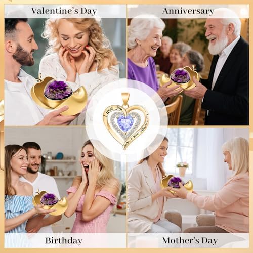Preserved Roses Forever Flowers Mother's Day Heart Necklace Gifts for Birthday Mom Her Wife Girlfriend Grandma on Valentines Christmas Anniversary Romantic-Purple