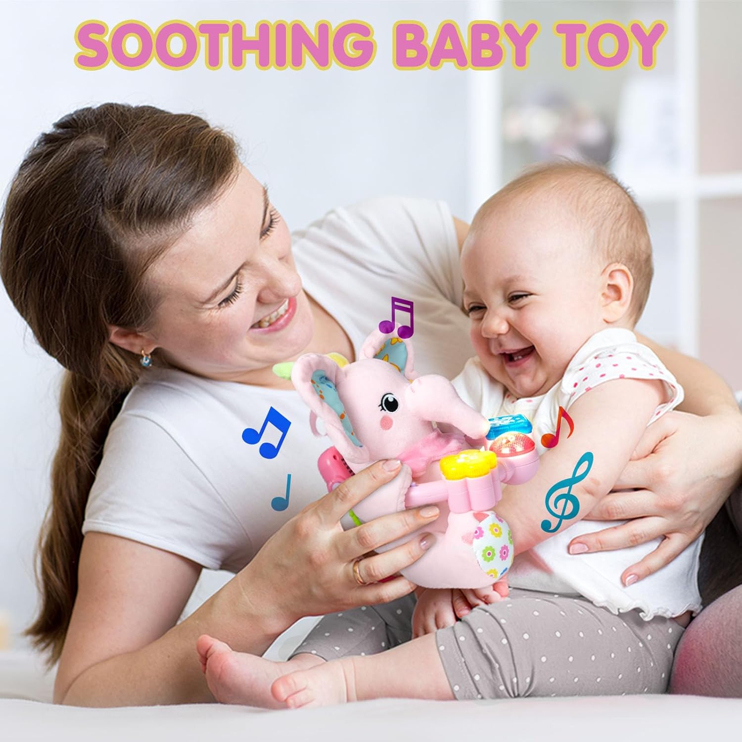 Ryotagift Baby Bilingual Musical Elephant Stuffed Animals Toys, Infant Early Learning Toy with Light-Up Music & Crinkle, Tummy Time Toys for 0 3 6 9 12+ Months for Baby Boy Girl Gift, Pink