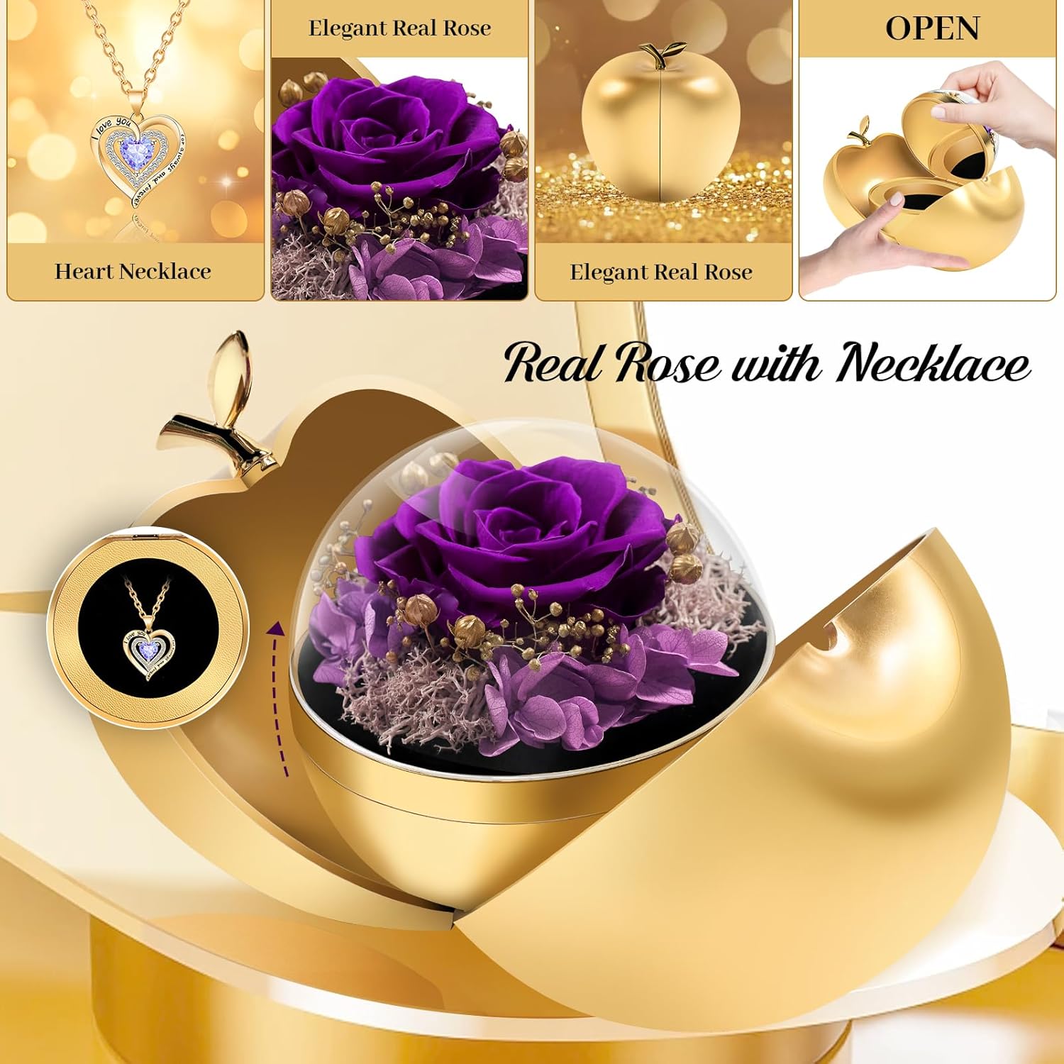 Preserved Roses Forever Flowers Mother's Day Heart Necklace Gifts for Birthday Mom Her Wife Girlfriend Grandma on Valentines Christmas Anniversary Romantic-Purple