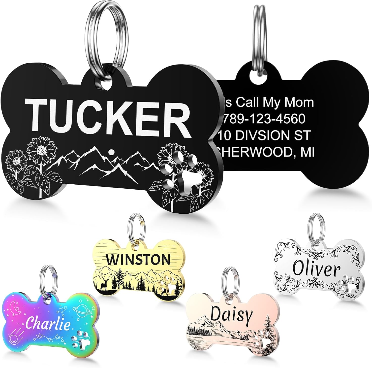 YEHANTI Dog Tags Personalized for Pets with Name Pattern Art Design - Engraved with Laser - Stainless Steel Cats Dogs ID Tags - Stylish Dog Collar Accessories (Hexagon Shape)