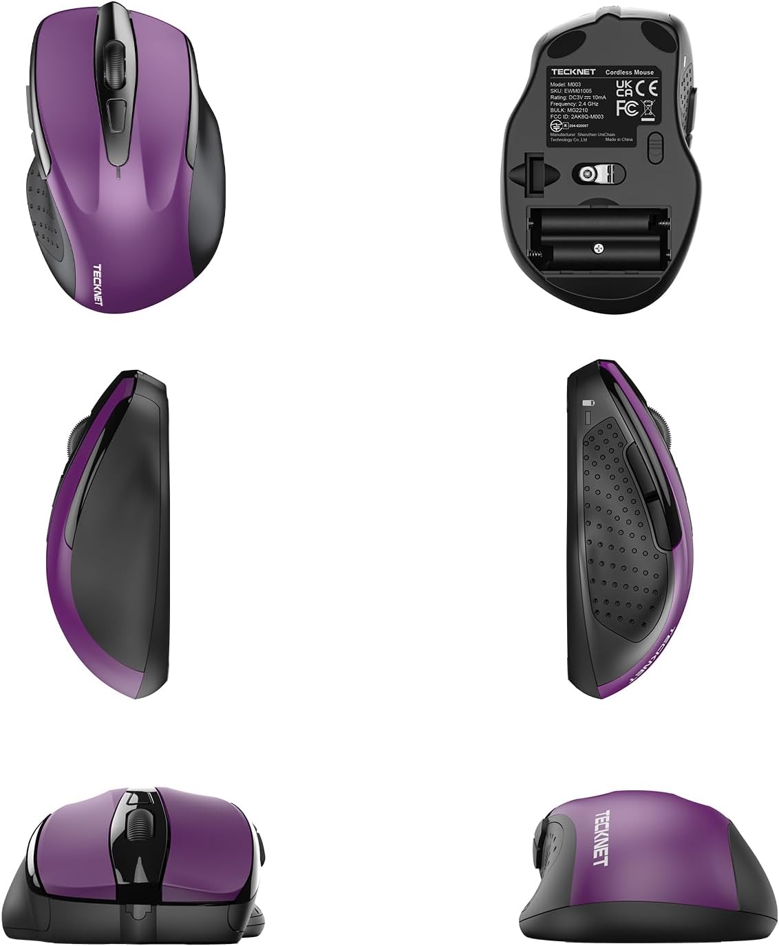 TECKNET Wireless Mouse, 2.4G Ergonomic Optical Mouse, Computer Mouse for Laptop, PC, Computer, Chromebook, Notebook, 6 Buttons, 24 Months Battery Life, 2600 DPI, 5 Adjustment Levels - Purple