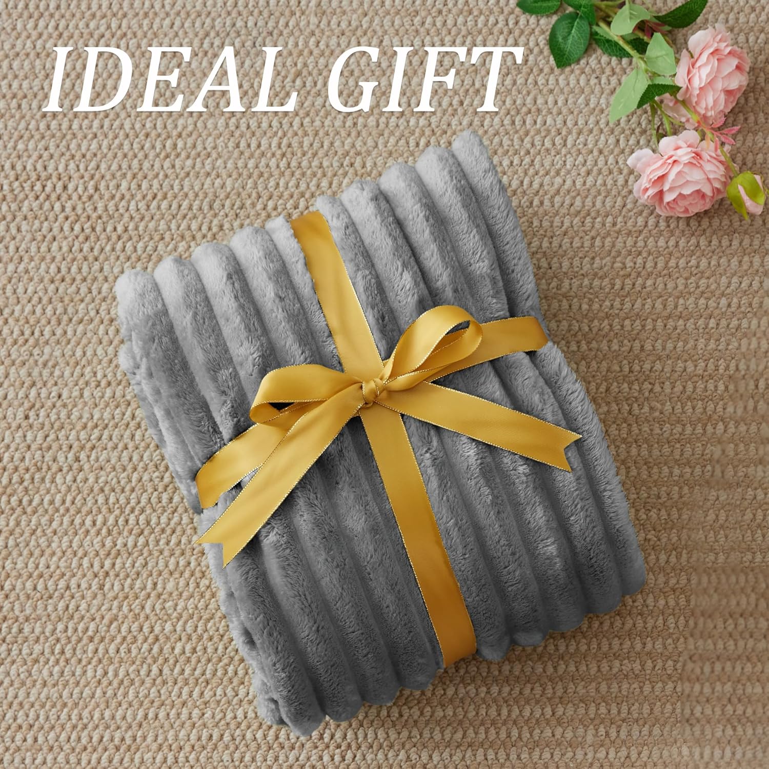 BEDELITE Fleece Throw Blanket for Couch - 300GSM Soft &amp; Warm Fluffy Grey Blanket, Decorative and Giftable Striped Blankets for Women, Men, 50"x60"