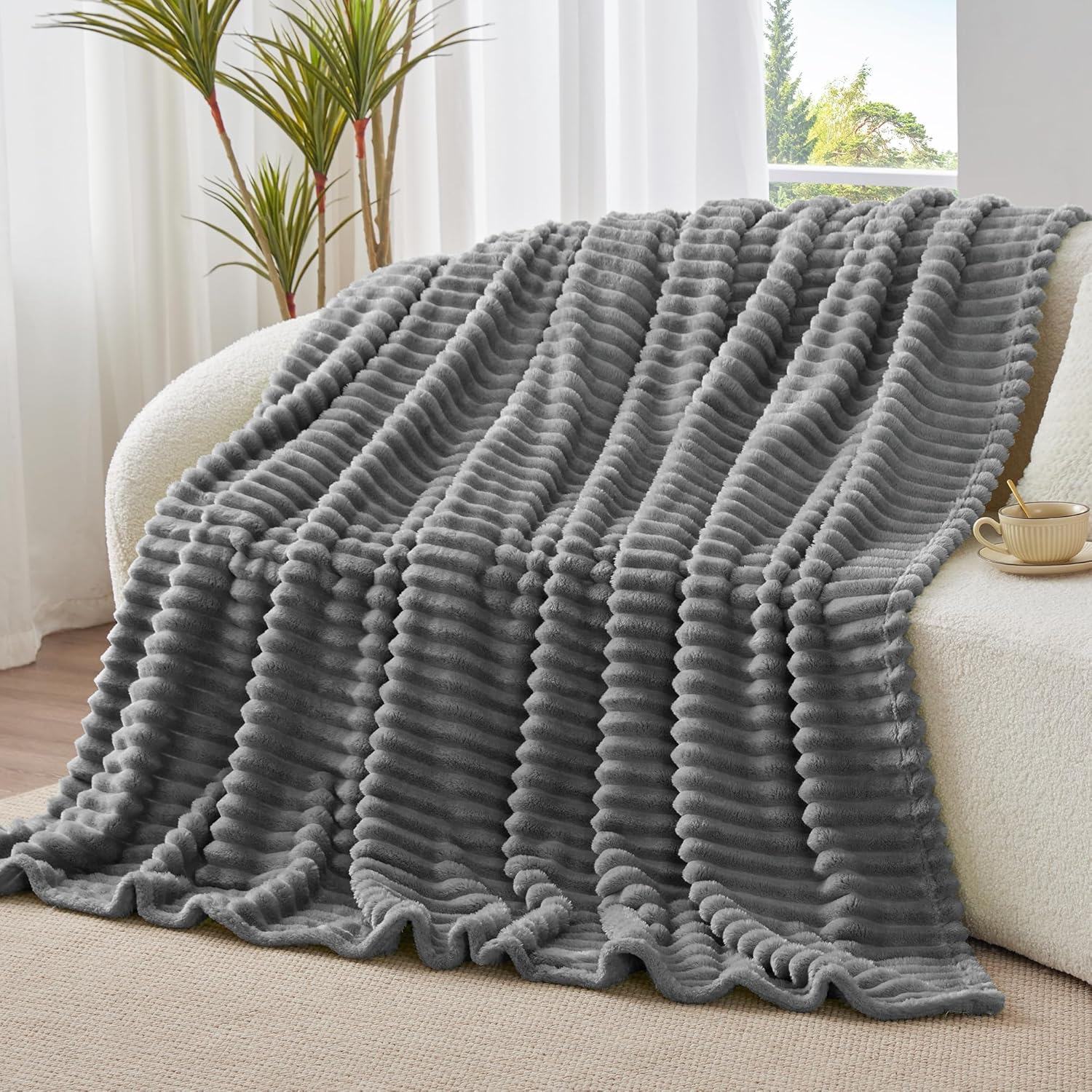 BEDELITE Fleece Throw Blanket for Couch - 300GSM Soft &amp; Warm Fluffy Grey Blanket, Decorative and Giftable Striped Blankets for Women, Men, 50"x60"