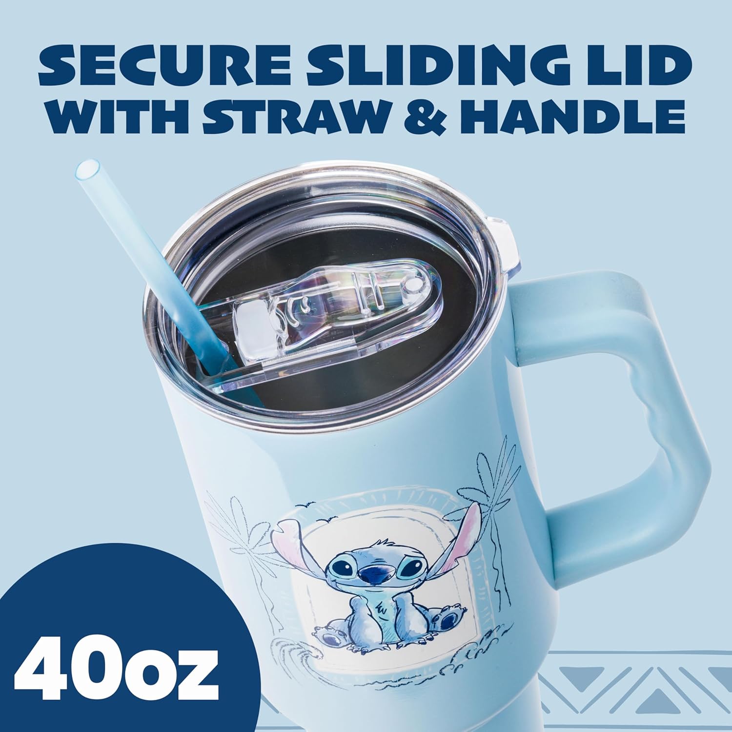 Silver Buffalo Disney Lilo and Stitch Minimalistic Design Ocean and Tropical Double Walled Stainless Steel Tumbler with Handle and Straw, Fits in Standard Cup Holder, 40 Ounces