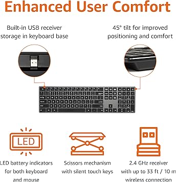 Amazon Basics Ultra Premium Wireless Keyboard and Mouse Combo, Rechargeable, Full-Size with Number Pad, Sleek Design, Plug and Play, Quiet Typing, 2.4GHz USB Receiver, Black