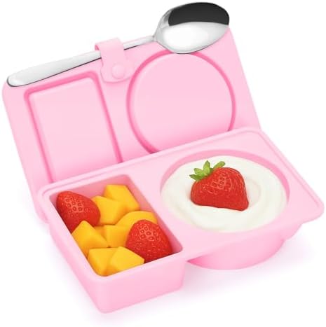 Silicone Snack Containers with Lids – Reusable Snack Containers with Double Compartments for Adults Mini Silicone Food Box Perfect for Travel Lunch Gym (Pink)