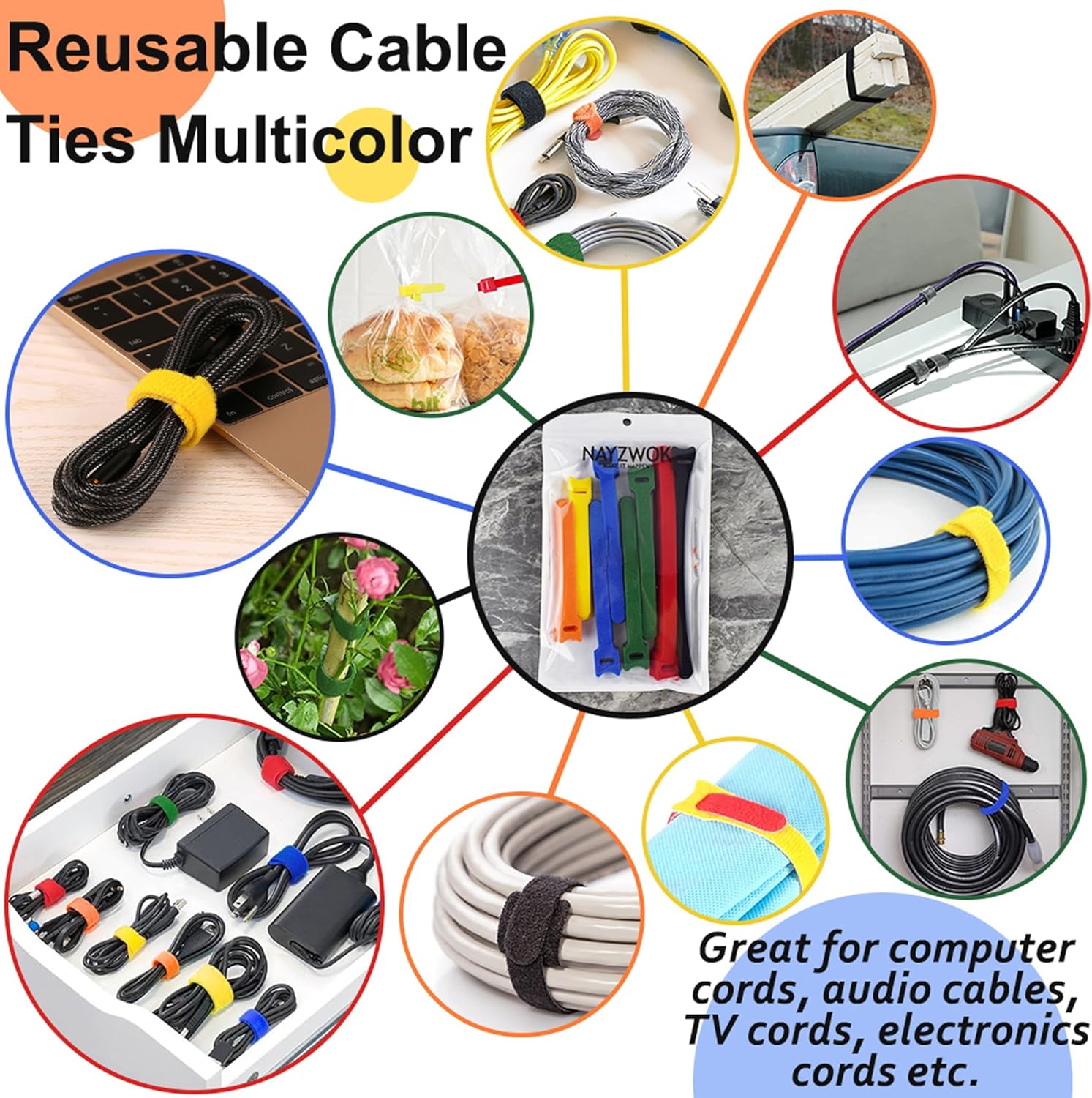80pcs Cable Ties Reusable Multicolor Wire Ties Cable Management Cord Ties Reusable for Electronics Hook and Loop Cable Ties for Computer 4 6 8 Inch with 6 Colors