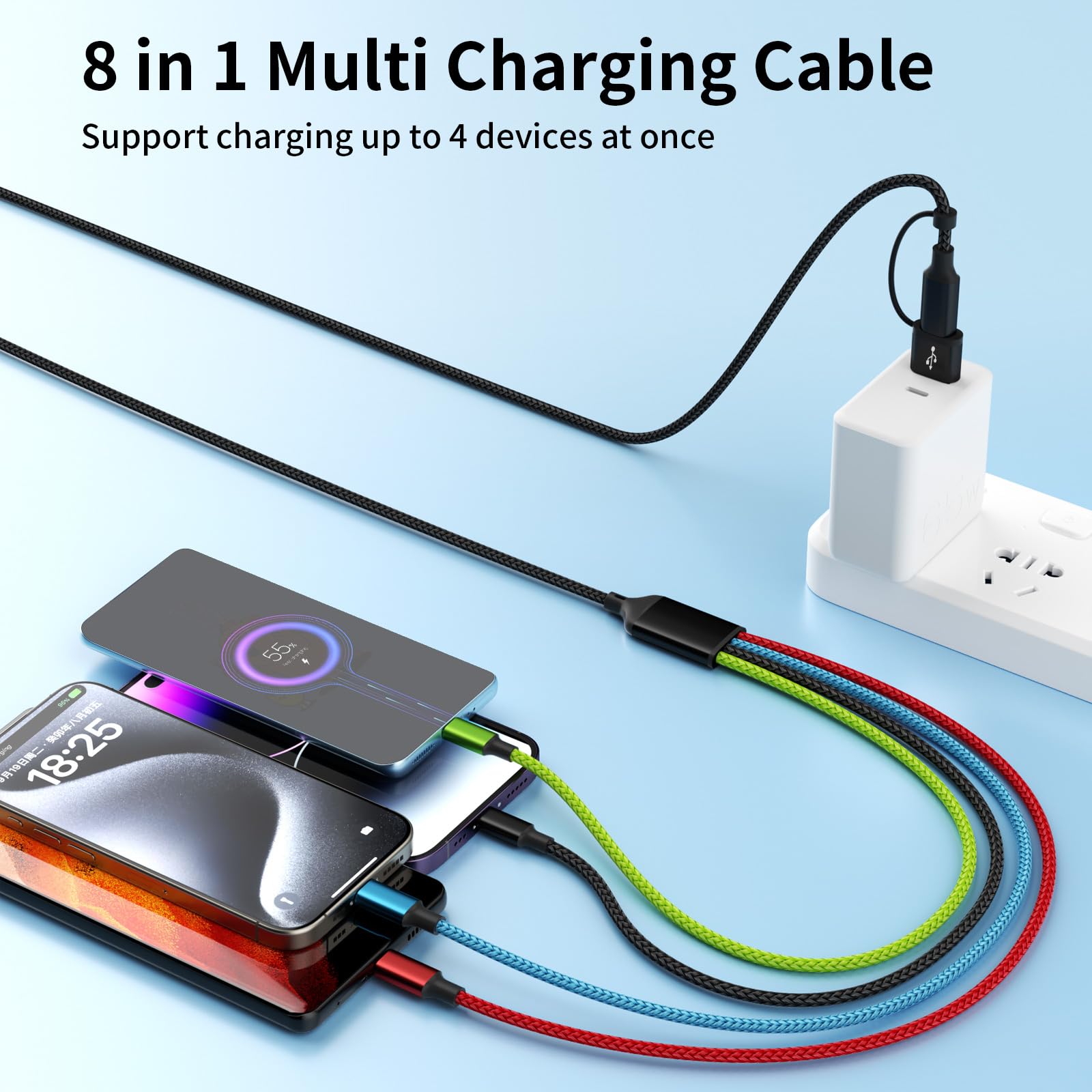 3 in 1 Multi Charging Cable 6ft, 2 Pack Nylon Braided Charger Cord with Lightning, USB C and Micro USB Connectors, Universal Phone Charging Cable for iPhone and Android Devices