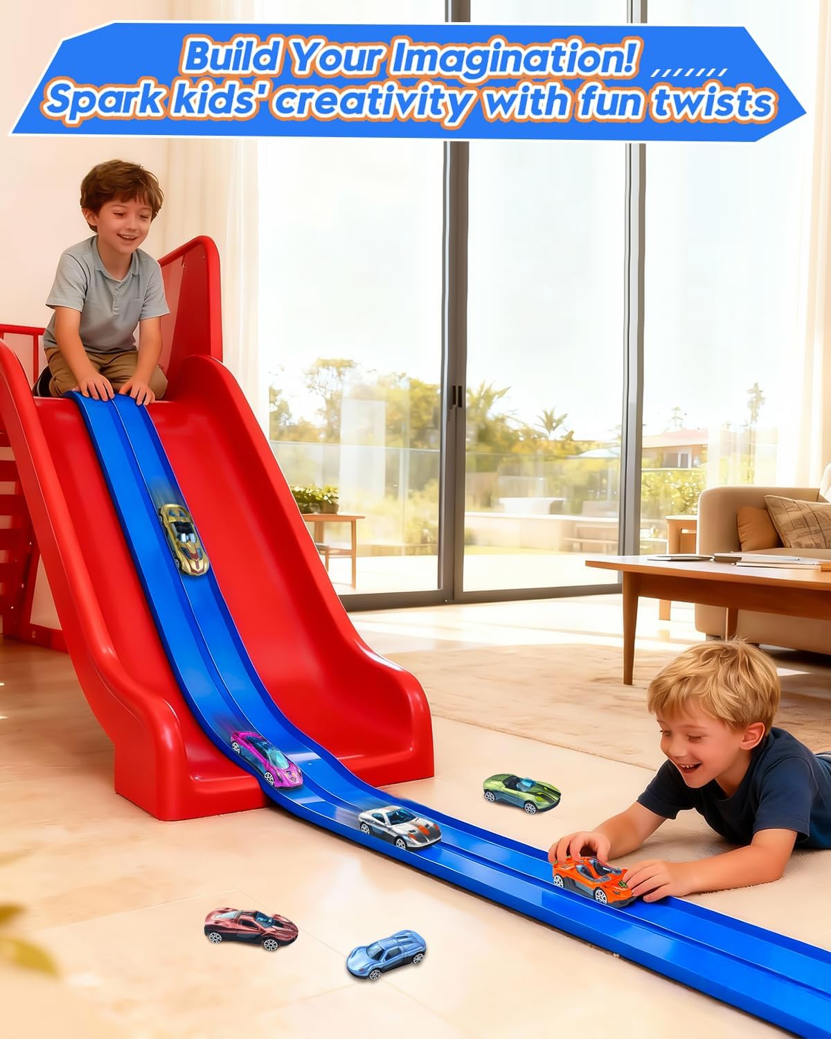 Flexible Race Track for Kids – 15 Ft Roll-Up Car Track with Suction Cups, Fits 1:64 Diecast Cars, Portable Bendable Track Toys for Boys Girls Ages 3+,Blue