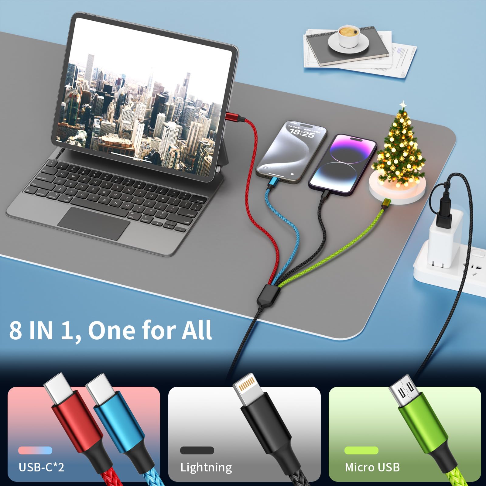 3 in 1 Multi Charging Cable 6ft, 2 Pack Nylon Braided Charger Cord with Lightning, USB C and Micro USB Connectors, Universal Phone Charging Cable for iPhone and Android Devices