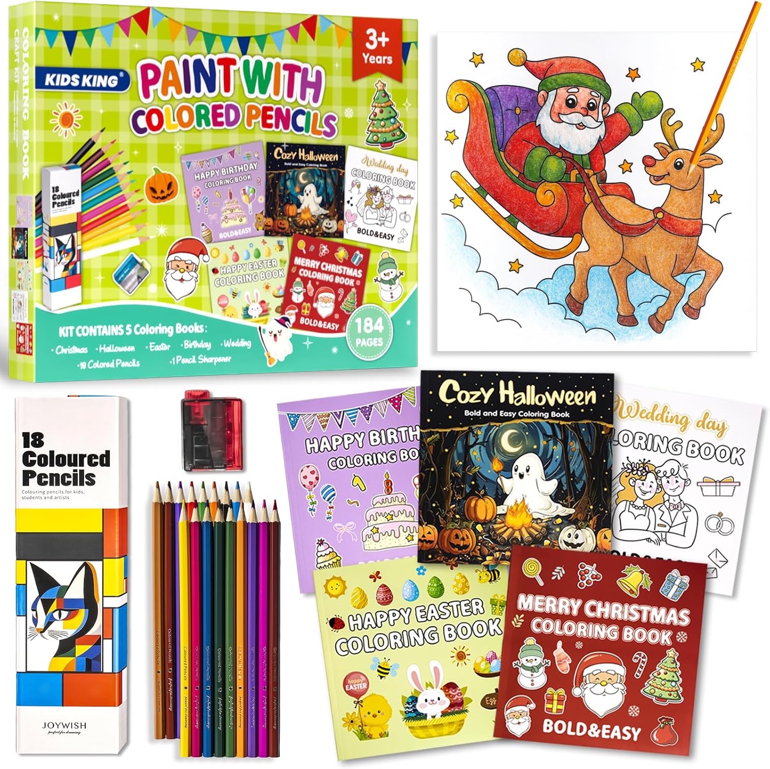KIDS KING Coloring Book Kit, 5 Themes: Halloween | Christmas | Easter | Wedding Day | Birthday, Contains Colored Pencils Cute Styles for Painting, Arts & Crafts for Adult and Younger