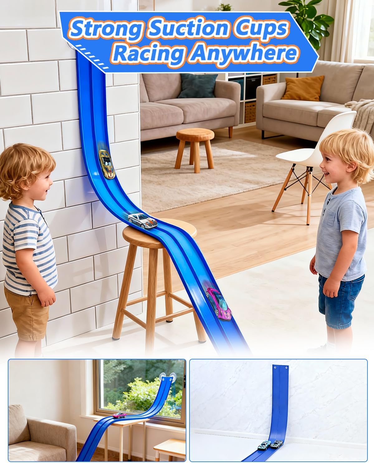 Flexible Race Track for Kids – 15 Ft Roll-Up Car Track with Suction Cups, Fits 1:64 Diecast Cars, Portable Bendable Track Toys for Boys Girls Ages 3+,Blue