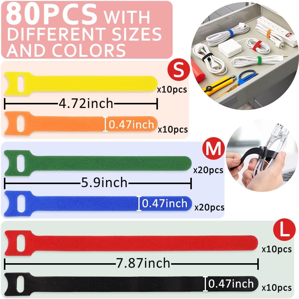 80pcs Cable Ties Reusable Multicolor Wire Ties Cable Management Cord Ties Reusable for Electronics Hook and Loop Cable Ties for Computer 4 6 8 Inch with 6 Colors