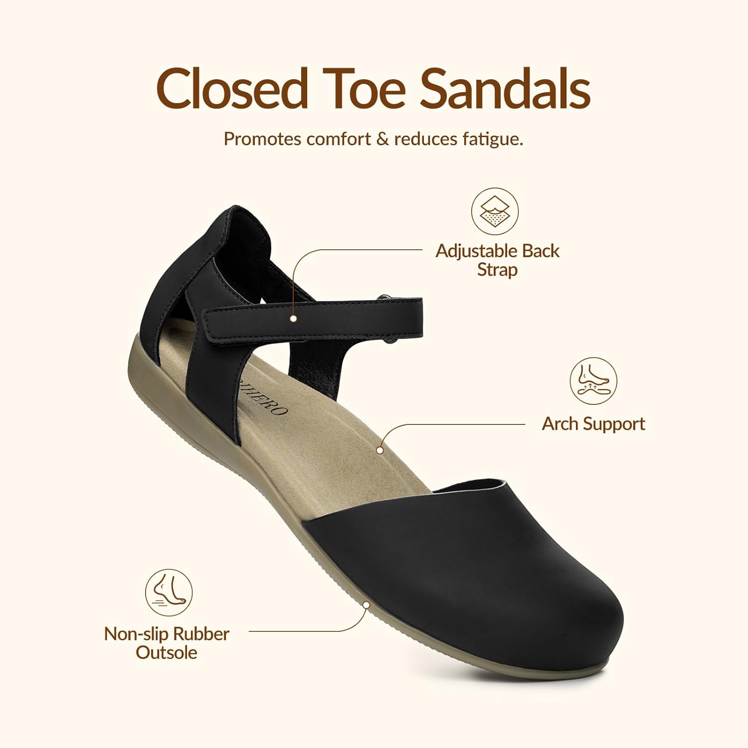 Rihero Summer Casual Closed Toe Sandals Women Comfortable Footbed Arch Support Flat Sandals with Adjustable Strap