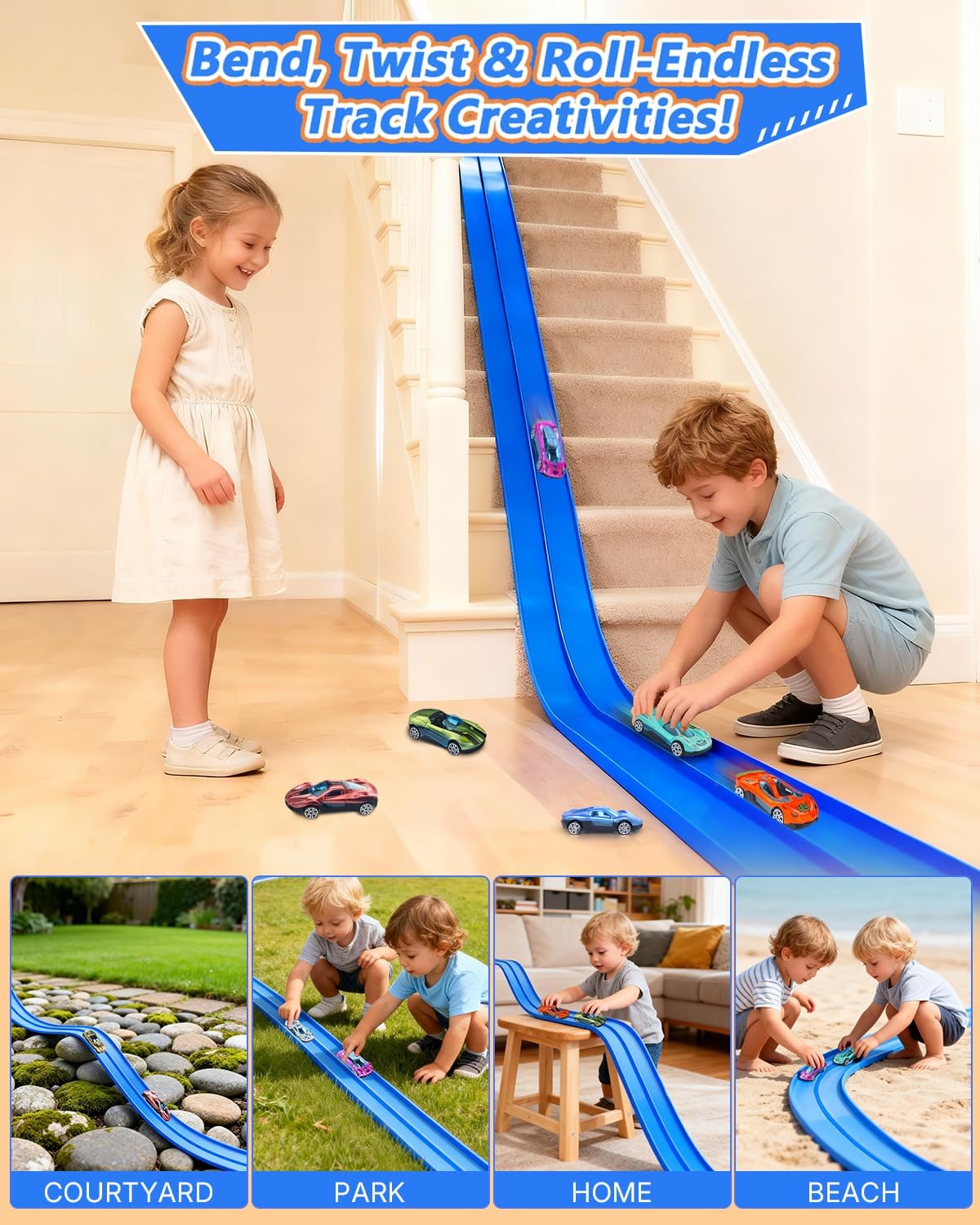 Flexible Race Track for Kids – 15 Ft Roll-Up Car Track with Suction Cups, Fits 1:64 Diecast Cars, Portable Bendable Track Toys for Boys Girls Ages 3+,Blue