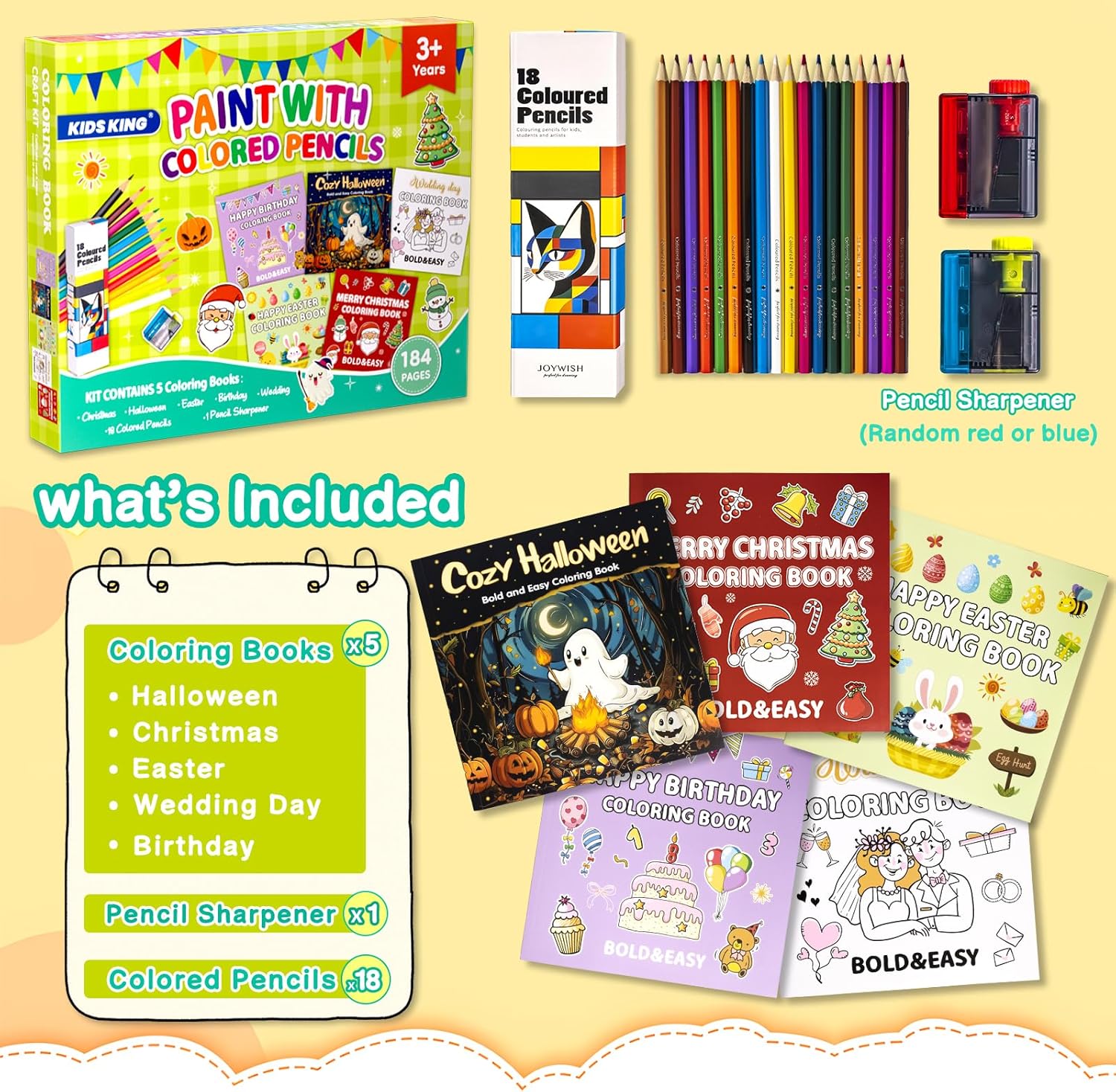 KIDS KING Coloring Book Kit, 5 Themes: Halloween | Christmas | Easter | Wedding Day | Birthday, Contains Colored Pencils Cute Styles for Painting, Arts & Crafts for Adult and Younger