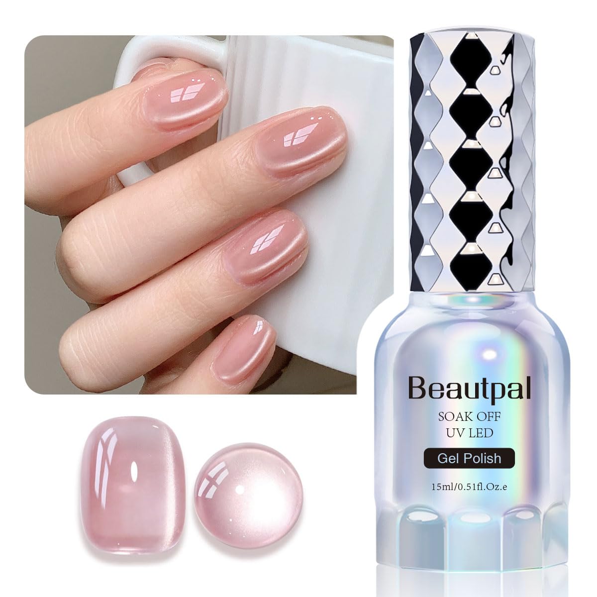 BEAUTPAL Glassy Cat Eye Gel Nail Polish,15ML Glitter Holographic UV LED Nail Polish Gel Salon Manicure Nail Art DIY at Home with Magnetic Wand Color 005 Gentle Pink