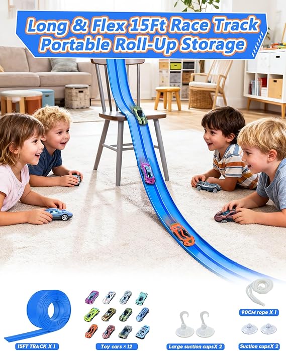 Flexible Race Track for Kids – 15 Ft Roll-Up Car Track with Suction Cups, Fits 1:64 Diecast Cars, Portable Bendable Track Toys for Boys Girls Ages 3+,Blue