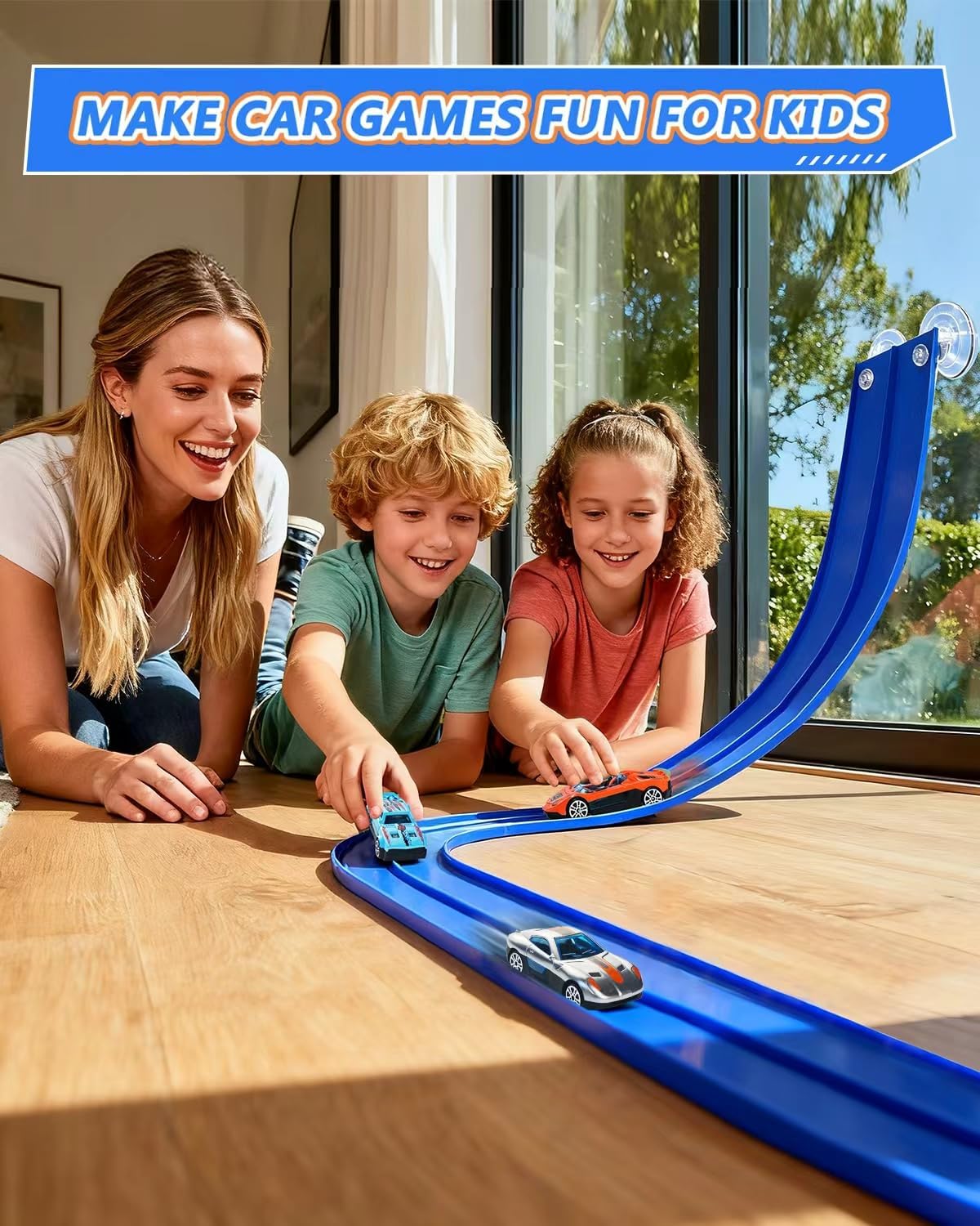 Flexible Race Track for Kids – 15 Ft Roll-Up Car Track with Suction Cups, Fits 1:64 Diecast Cars, Portable Bendable Track Toys for Boys Girls Ages 3+,Blue