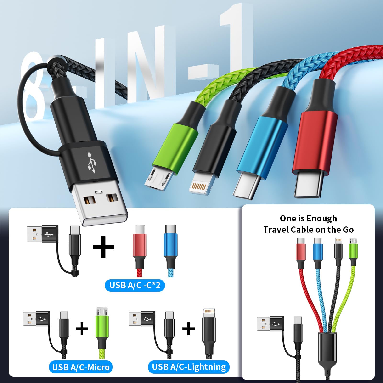 3 in 1 Multi Charging Cable 6ft, 2 Pack Nylon Braided Charger Cord with Lightning, USB C and Micro USB Connectors, Universal Phone Charging Cable for iPhone and Android Devices