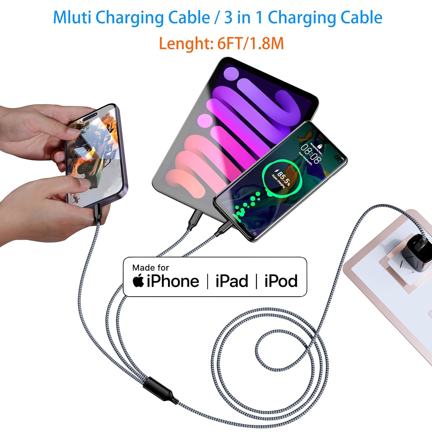 3 in 1 Multi Charging Cable 6ft, 2 Pack Nylon Braided Charger Cord with Lightning, USB C and Micro USB Connectors, Universal Phone Charging Cable for iPhone and Android Devices