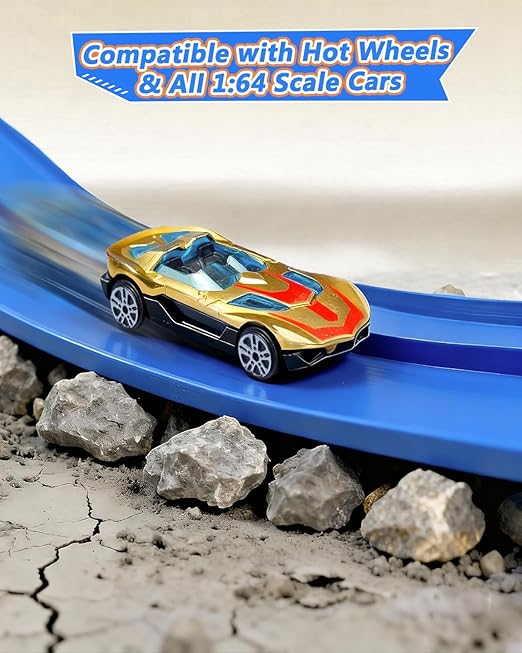 Flexible Race Track for Kids – 15 Ft Roll-Up Car Track with Suction Cups, Fits 1:64 Diecast Cars, Portable Bendable Track Toys for Boys Girls Ages 3+,Blue