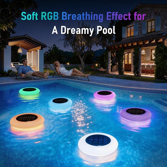Solar Floating Pool Lights, RGB Color Changing Pool Light with Breathing Effect, IP65 Waterproof Solar Powered Lights, Auto Dusk-to-Dawn Floating Decor for Swimming Pool, Pond, Garden (2 Pack)