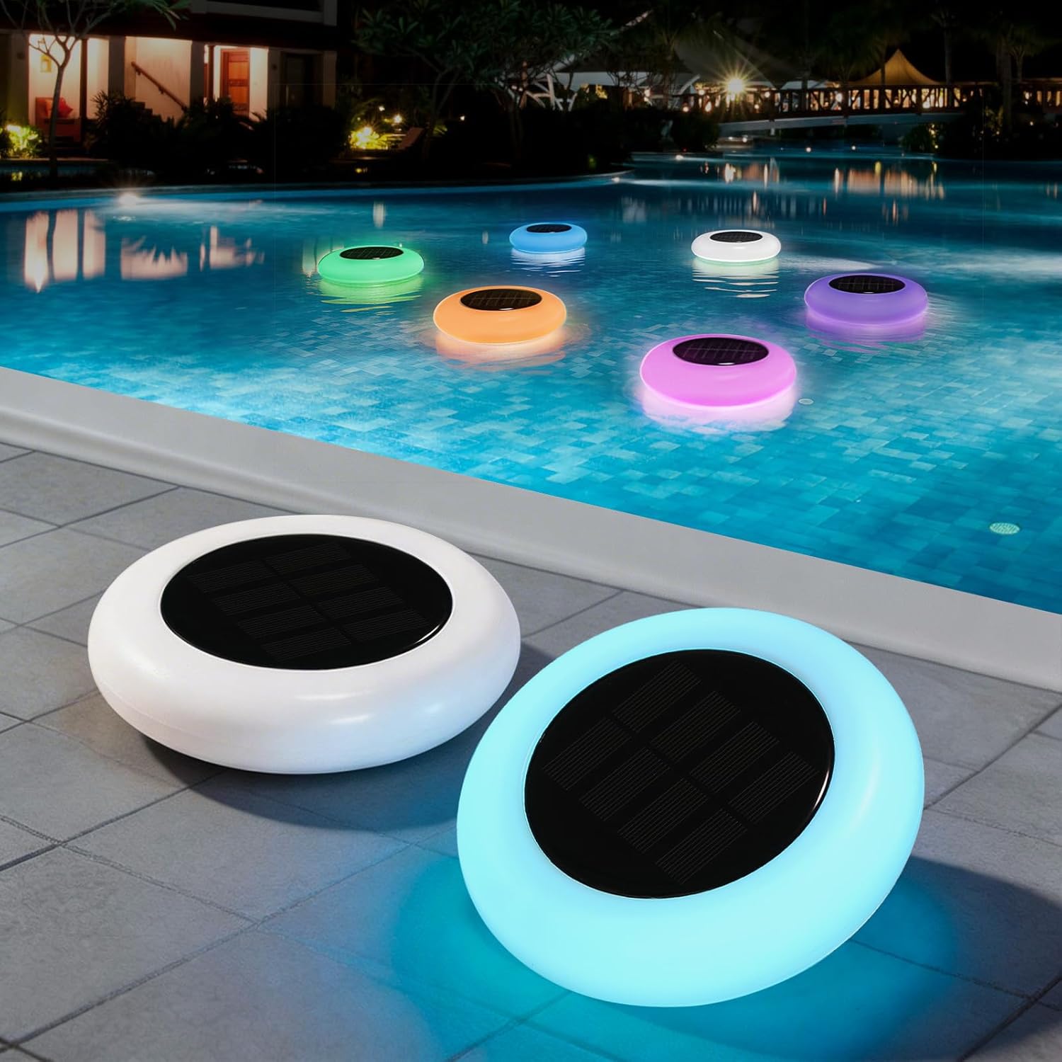 Solar Floating Pool Lights, RGB Color Changing Pool Light with Breathing Effect, IP65 Waterproof Solar Powered Lights, Auto Dusk-to-Dawn Floating Decor for Swimming Pool, Pond, Garden (2 Pack)
