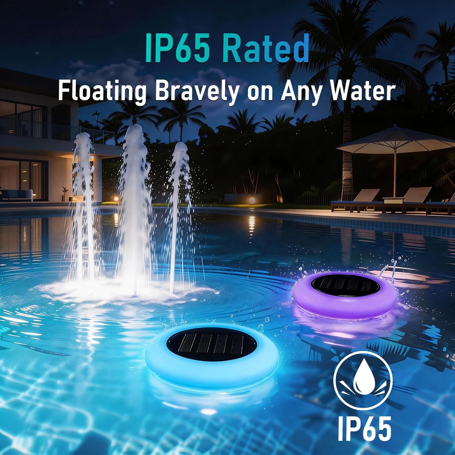 Solar Floating Pool Lights, RGB Color Changing Pool Light with Breathing Effect, IP65 Waterproof Solar Powered Lights, Auto Dusk-to-Dawn Floating Decor for Swimming Pool, Pond, Garden (2 Pack)