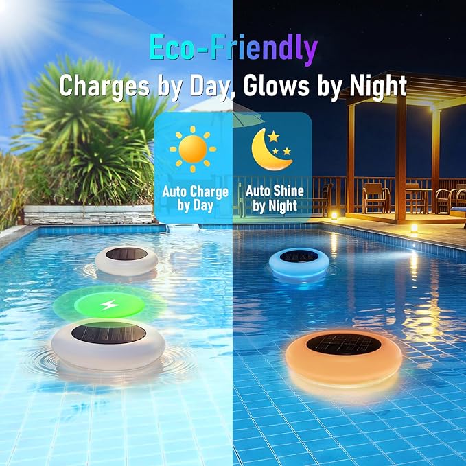 Solar Floating Pool Lights, RGB Color Changing Pool Light with Breathing Effect, IP65 Waterproof Solar Powered Lights, Auto Dusk-to-Dawn Floating Decor for Swimming Pool, Pond, Garden (2 Pack)