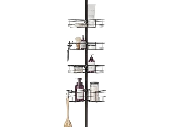 Zenna Home Tension Pole Shower Caddy Corner Organizer, Adjustable Standing Shower Caddy with 4 L-shaped Baskets and Hooks, Rust Resistant Bathroom Tension Rod Organizer, 60 to 97 Inch, Bronze