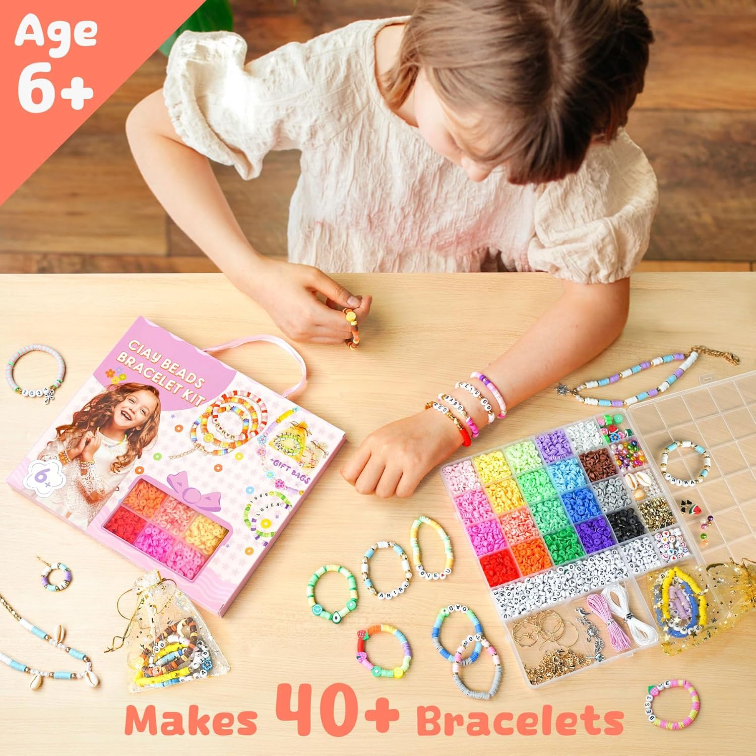 Sistenia Girls Gifts Bracelet Making Kit, 20 Colors Polymer Clay Beads with Charms Letter Beads Arts and Crafts Kit Jewelry Making Set Cute Stuff Birthday Gift Idea for Kids Ages 6-15