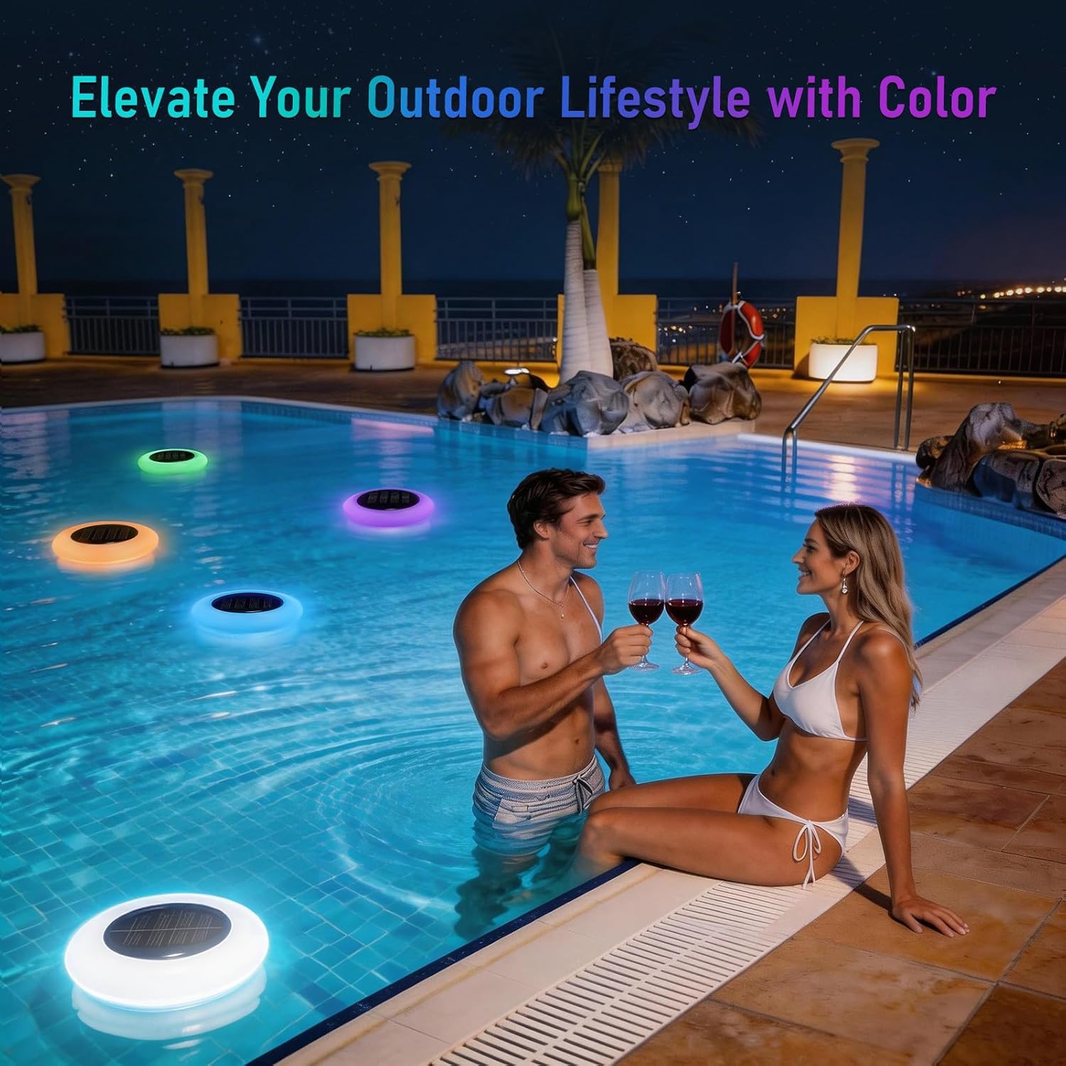 Solar Floating Pool Lights, RGB Color Changing Pool Light with Breathing Effect, IP65 Waterproof Solar Powered Lights, Auto Dusk-to-Dawn Floating Decor for Swimming Pool, Pond, Garden (2 Pack)