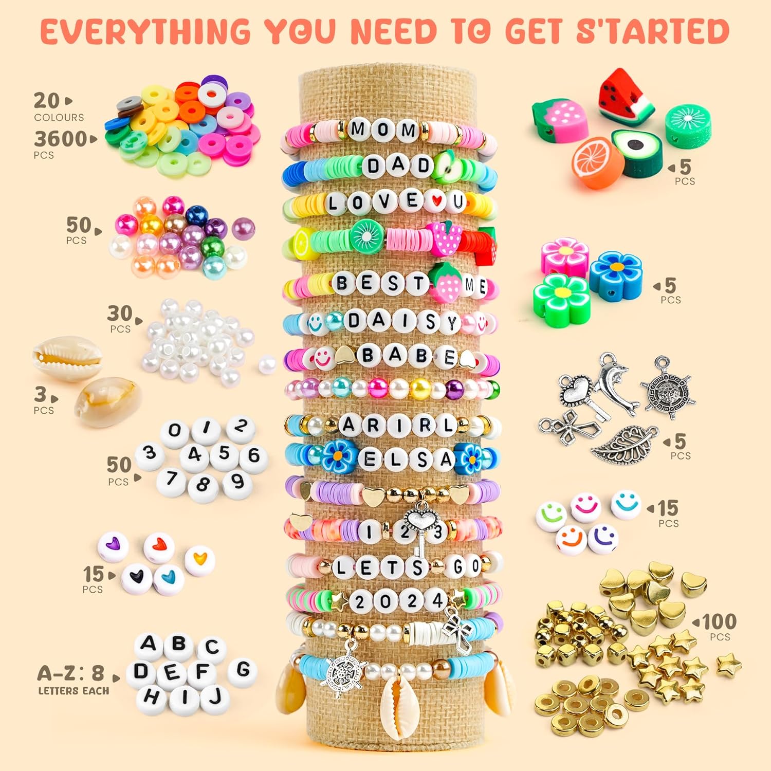 Sistenia Girls Gifts Bracelet Making Kit, 20 Colors Polymer Clay Beads with Charms Letter Beads Arts and Crafts Kit Jewelry Making Set Cute Stuff Birthday Gift Idea for Kids Ages 6-15