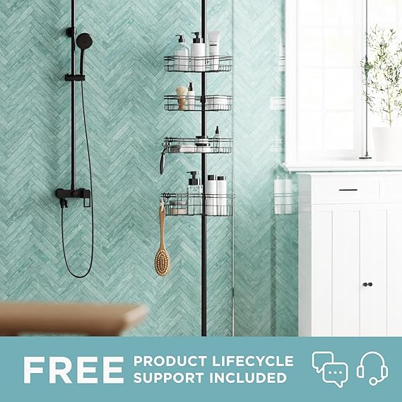 Zenna Home Tension Pole Shower Caddy Corner Organizer, Adjustable Standing Shower Caddy with 4 L-shaped Baskets and Hooks, Rust Resistant Bathroom Tension Rod Organizer, 60 to 97 Inch, Bronze