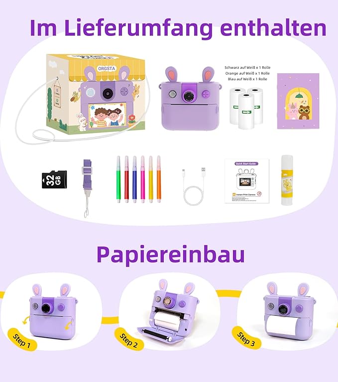 ORGSTA Kids Instant Print Camera for Boys and Girls 1080P HD Toddler Digital Camera with 3 Rolls Print Paper&32G Card, Christmas Birthday Gift Toys for Age 3-16 Kids Portable Travel Digital Camera Toy
