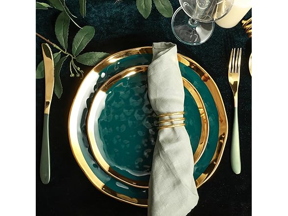 Stone Lain Florian Modern Porcelain 16 Piece Dinnerware Set, Plates and Bowls Set, Dish set for 4, Green and Golden Rim