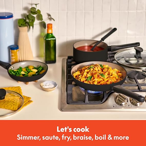 bella 12 Piece Cookware Set with EverGood™ Ceramic Nonstick Coating​, Dishwasher & Oven Safe, All Stovetops Compatible, Tempered Glass Lids and Cool Touch Handles, Black