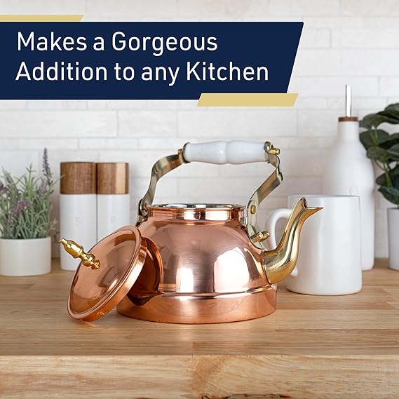 Classic Cuisine Copper Tea Kettle - Teapot for Stovetop with Copper Exterior, Nickel Lining, and Ceramic Handle - 7.25C/1.8Q Vintage-Style Kettle - Perfect for Tea, Coffee, or Cooking