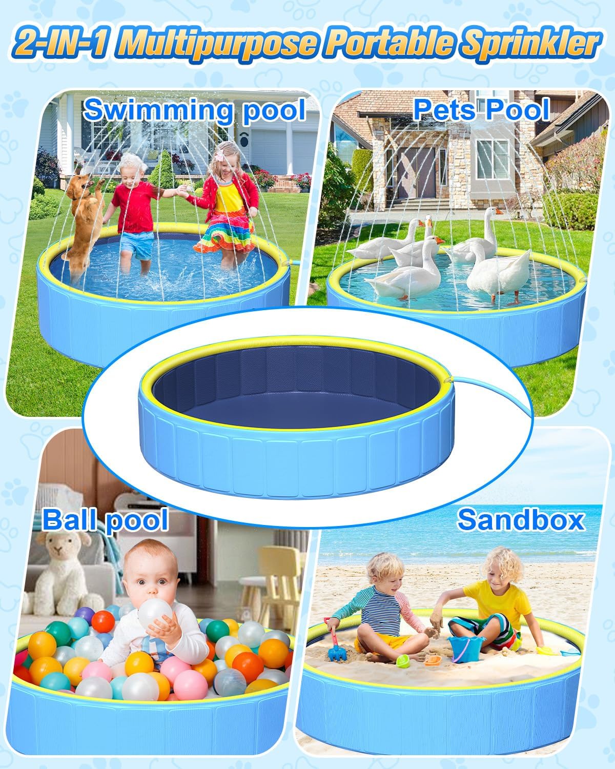 artcool 47" Thicken Small Dog Pool,Non-Slip Kiddie/Kids Pool Hard Plastic,2-in-1 Foldable Sprinkler Puppy Pools,Portable Pet Pools for Summer Outdoor Backyard