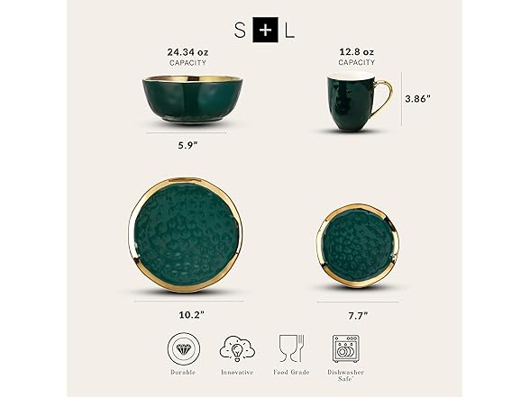 Stone Lain Florian Modern Porcelain 16 Piece Dinnerware Set, Plates and Bowls Set, Dish set for 4, Green and Golden Rim