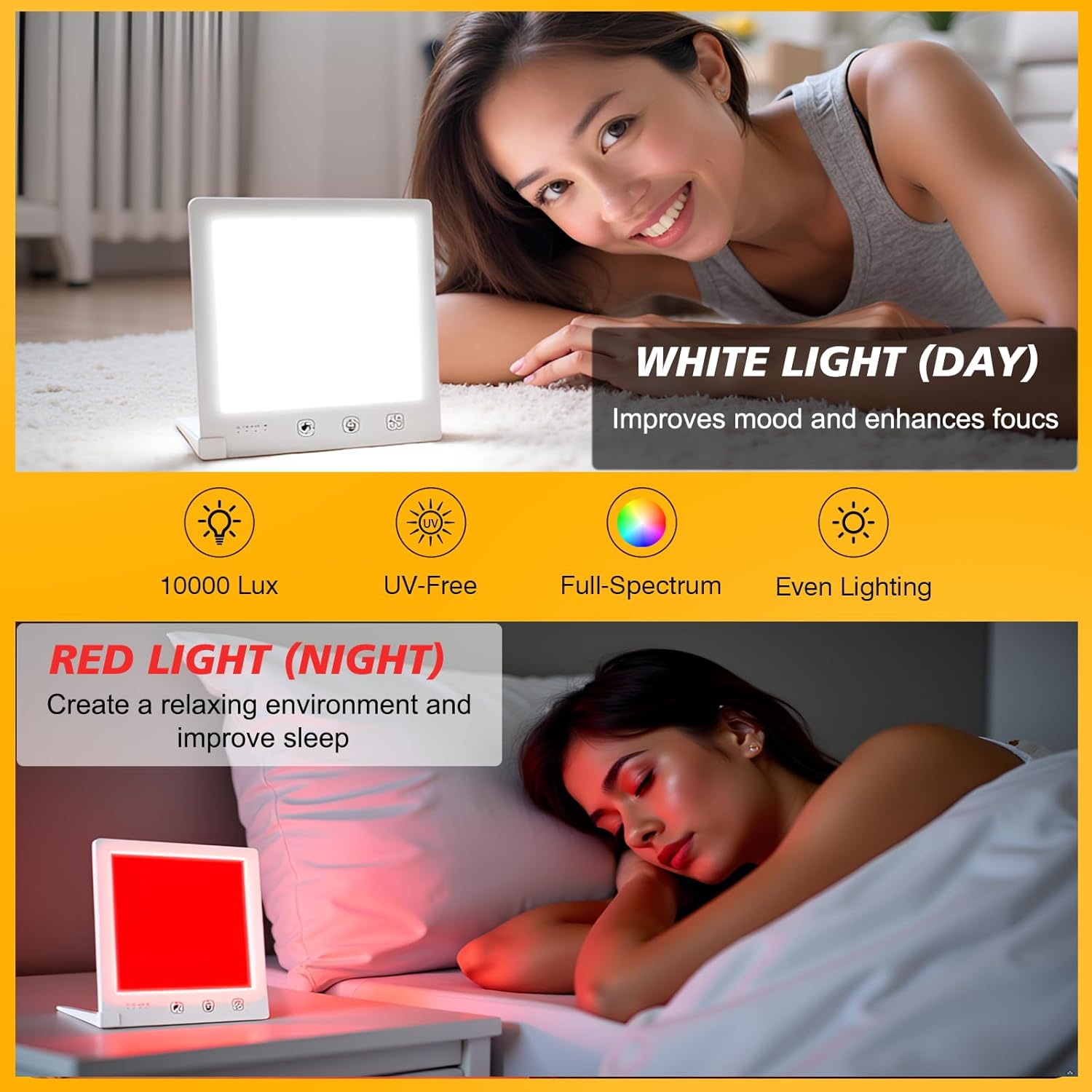 Sun Light Therapy Lamp with Red Light - 10000 Lux LED Sun Light Therapy Lamp for Face, Improving Mood, Energy, Sleep &amp; Skin Care, with 4 Light Modes &amp; 5 Brightness Levels, Timer, UV-Free