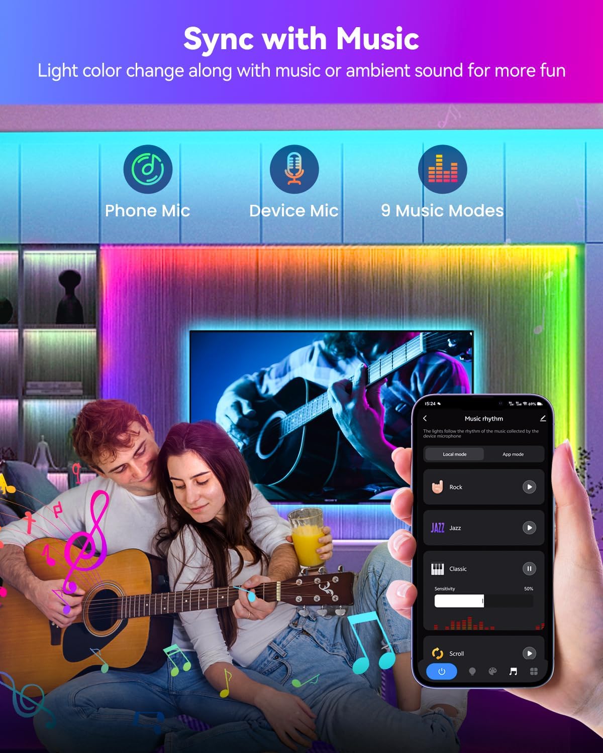 Pak RGB+IC LED Strip Lights for Bedroom & TV, 32.8ft Smart Lights with Remote APP Control, DIY 16 Million Colors, Music Sync Color Changing LED Lighting, 44 Scene Modes, Work with Alexa & Google