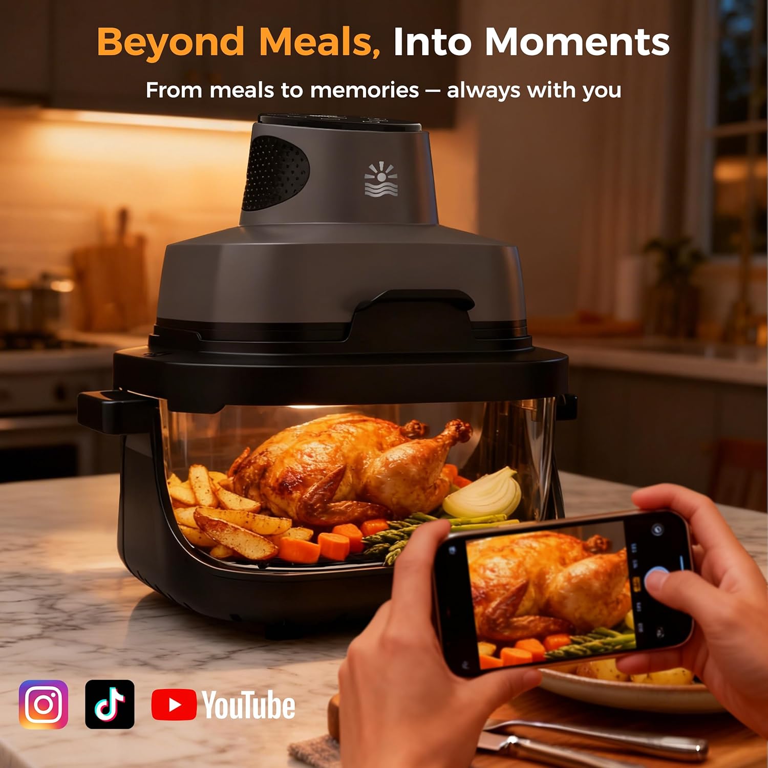 4-in-1 Portable Glass Air Fryer - 1500W, 400°F Precise Heat, 4.2QT & 1.6QT Dual Glass Containers and Lids, Non-Toxic, Max Crisp/Bake/Air Fry/Recrisp,Microwave, Freezer & Dishwasher Safe