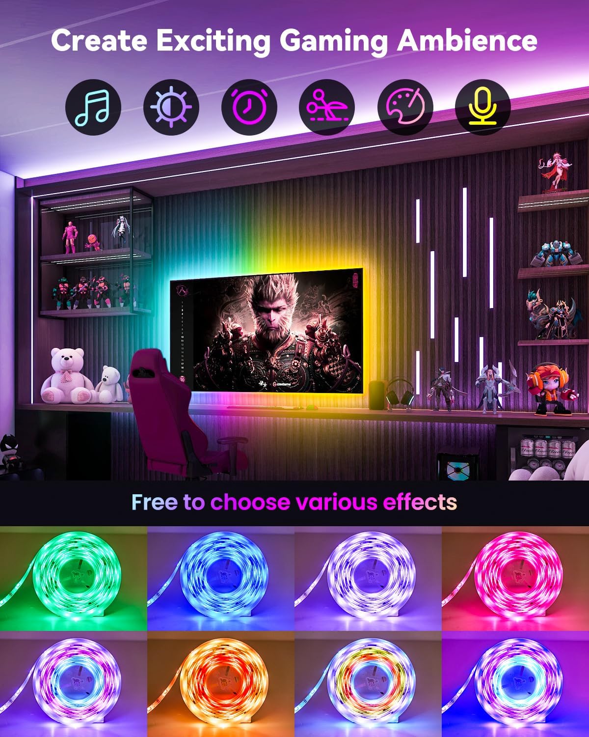 Pak RGB+IC LED Strip Lights for Bedroom & TV, 32.8ft Smart Lights with Remote APP Control, DIY 16 Million Colors, Music Sync Color Changing LED Lighting, 44 Scene Modes, Work with Alexa & Google