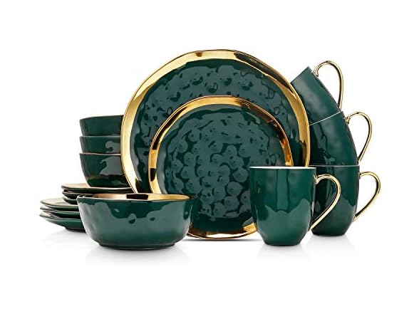 Stone Lain-Florian-Modern Porcelain 16Pcs Dinnerware Set-4 People-Green & Golden Rim Plates & Bowls